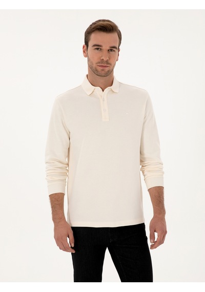 Ekru Regular Fit %100 Pamuk 3 İplik Polo Yaka Sweatshirt Bej