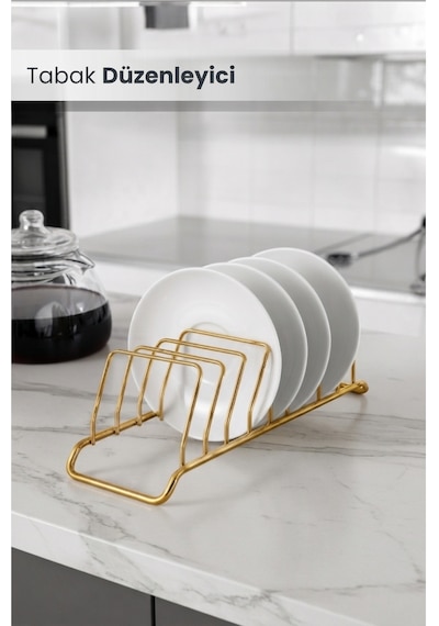 9 Bölmeli Gold Tabaklık Ve Tabak Düzenleyici Mini Bulaşıklık - Gold Dolap İçi Çay Kahve Tablası Düzenleyici