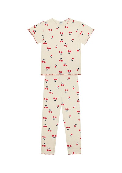 Antebies Organik Krem Kiraz Desenli Beli Lastikli Kısa Kollu Kız Çocuk Pijama Takımı