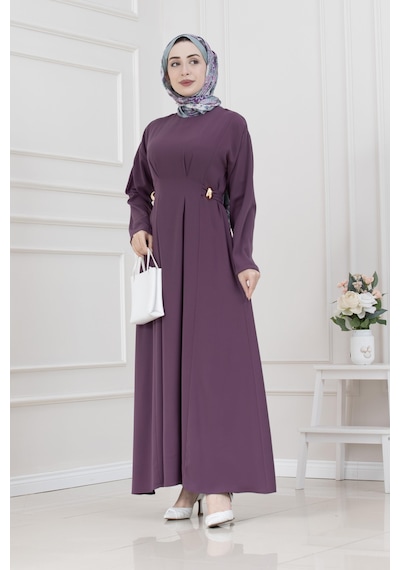 Sevitli Beli Toka Detaylı Tesettür Elbise-mürdüm-5691