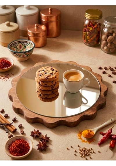 Famwoodart Büyük Boy Gümüş Papatya Ahşap Sunumluk ,supla ,nihale ,kahvelik ,pasta Ve Kek Standı,aynalı %100 Çam Gümüş - Ceviz