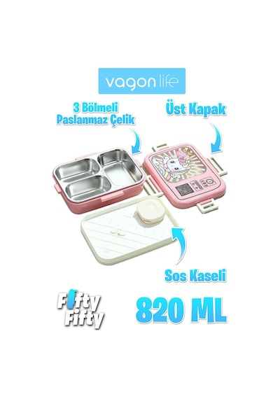 Vagonlife Lunch Box 820 Ml Tek Kat Üç Bölmeli Sos Kaseli Yeni Nesil Sefer Tası-fflbox10283 Pembe