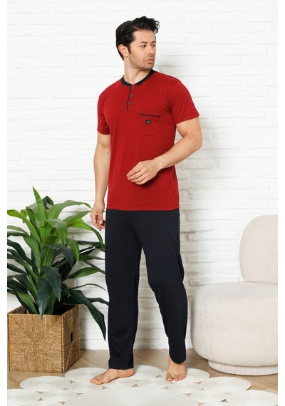 Enisena Erkek %100 Pamuklu Pijama Takımı-3 Düğmeli-yaka Cepli 12384 Bordo