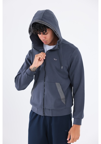 Rowinger Modal Kumaş Kapüşonlu Fermuarlı Kontrast Detaylı Erkek Sweatshirt Antracite