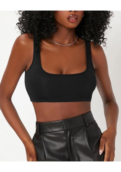 Liona Kadın Kare Yaka Siyah Slim Fit Mini Crop Top Bluz 001