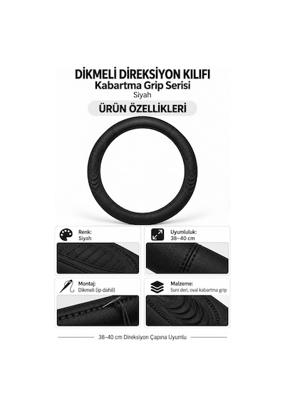 Trobus Volkswagen Caddy 2004-2010 Uyumlu Dikmeli Direksiyon Kılıfı Kabartma Grip Siyah