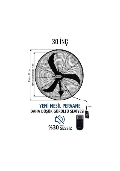 Muzeko Mzk Duvar Tipi Kumandalı Vantilatör Zaman Ayarlı Sanayi 30 Inç 75cm %100 Bakır Ev Için Uygun Değil