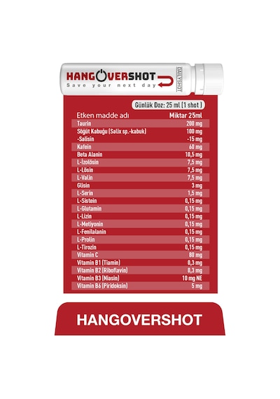 Hangovershot Kafein, Taurin, Vitamin Ve Aminoasitler İçeren Gıda Takviyesi 2x4 Shot