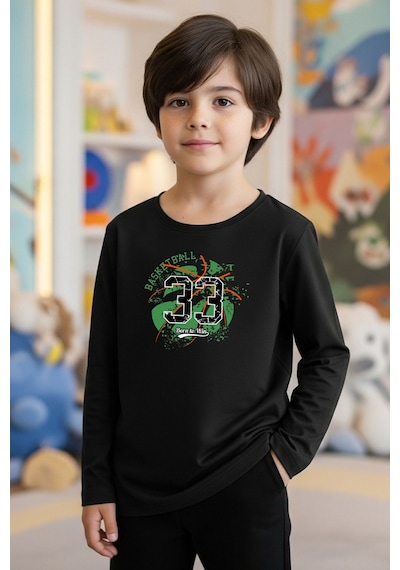 Fyk Kids Sıfır Yaka Basketball Baskılı Erkek Çocuk Sweatshirt Siyah