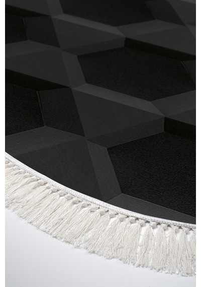 Kaymaz Dijital Mutfak & Salon Halı Trend Saçaklı Oval Geometrik E5016 Siyah
