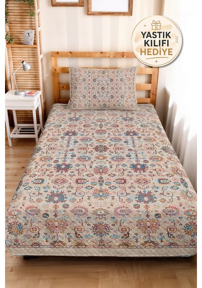 Etnik Bohem Krem Tek Kişilik Pike Takımı - Otantik Desenli 160x220 Cm Kapitone Yatak Örtüsü Lavantaımsı Bahçe Dokusu