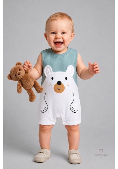 Babyden's Erkek Bebek Yazlık Ayıcık Baskılı Fitilli Tulum %100 Pamuk Kolsuz Şort Tulum Yenidoğan Bebek Romper 0-9 Ay Haki