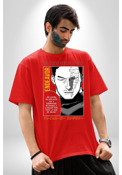 Enji Todoroki Manga Pamuklu Bisiklet Yaka Unisex Oversize Boyfriend Dijital Baskılı Kırmızı T-shirt Kırmızı