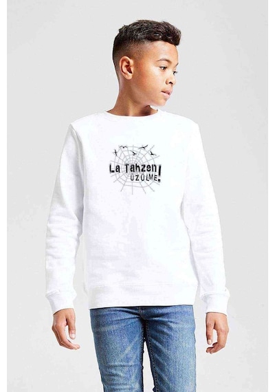 Tshirthane La Tahzen Üzülme Baskılı Unisex Çocuk Beyaz Sweatshirt Beyaz