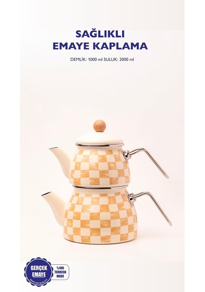 Beige Dama Desenli Emaye Çaydanlık Tüm Ocaklara Uygun Çok Renkli