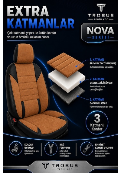 Skoda Rapid 2012+ Uyumlu Nova Serisi Taba Siyah Oto Koltuk Kılıfı