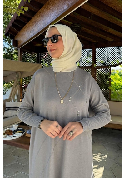 Rabia Şamlı Melda Triko Tunik Gri Çok Renkli