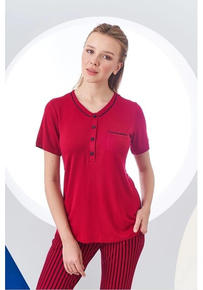 Pjs 24157 Kadın Çizgili Patlı Kısa Kol Pijama Takım 001