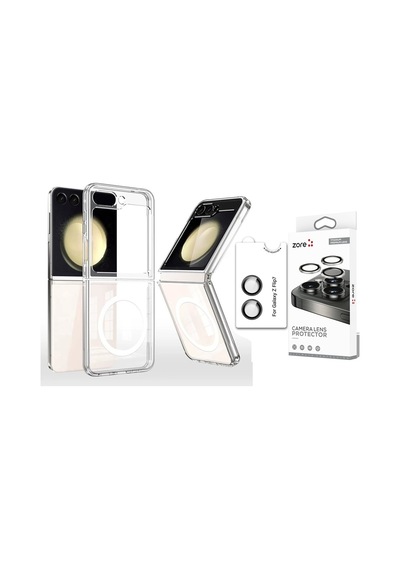 Vendas Samsung Galaxy Uyumlu  Z Flip 7 Kılıf Magsafe Şarj Özellikli Şeffaf Sert Pc Zore Embos Kapak + Safir Kamera Lens Koruyucu