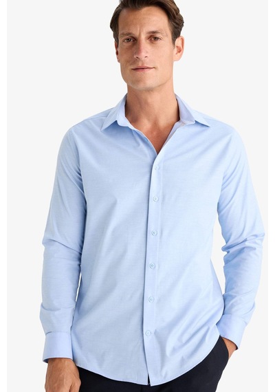 DeFacto Modern Fit Modern Kesim Poplin Düz Pamuk Karışımlı Uzun Kollu Gömlek D3375AX24AUBE177 Mavi