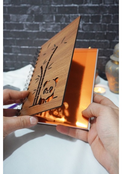Panda Desen Ahşap Defter - Ajanda - A5 Spiralli Çizgisiz Defter Ahşap Rengi Ceviz - Hediyelik Turuncu