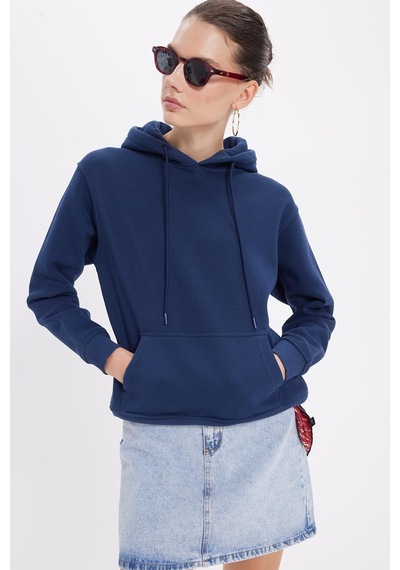 Tudors Kadın Relax Fit Rahat Kesim Pamuklu Kapüşonlu Kanguru Cepli Lacivert Sweatshirt-39937 Lacivert