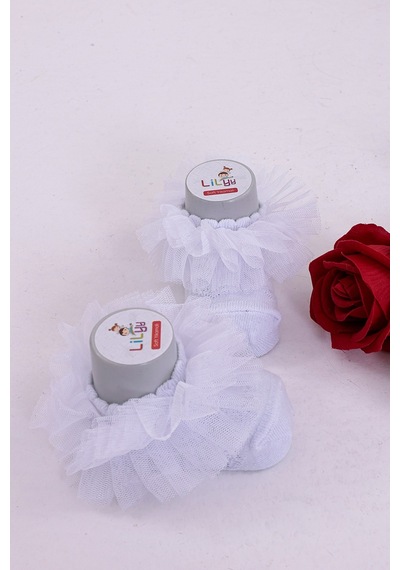 Burçak Çorap Soft Yıkamalı Kız Bebek Çorabı - Tül Ve Güpür Detaylı Pamuklu Model 4'lü Kırık Beyaz