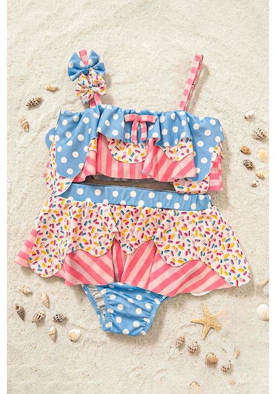 Zuzunga Fırfırlı Kız Çocuk Renkli Şeker Desenli Bikini Takımı Pembe