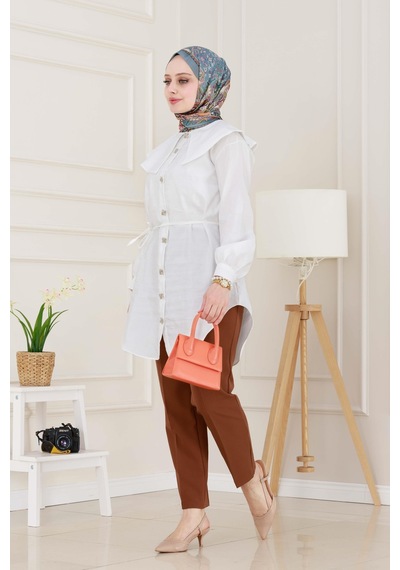 Sevitli Beli Bağcık Detaylı Geniş Yaka Tunik-beyaz-4991 Beyaz