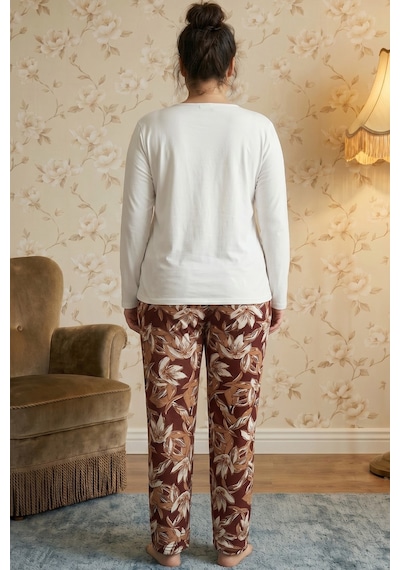 Siyah İnci Desenli Nakışlı Büyük Beden Battal Boy Viskon Örme Pijama Takım 26224843 Ekru