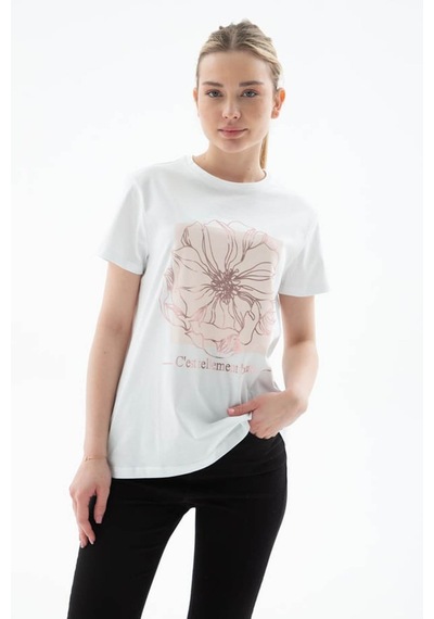 Fashion Friends Baskılı %100 Pamuklu Beyaz Kadın T-shirt 25y0152k1 Beyaz