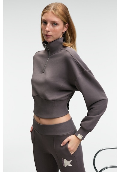 Grımelange THALIA Kadın Arka Baskılı Ve Patch Detaylı Fermuarlı Dik Yakalı Antrasit Sweatshirt