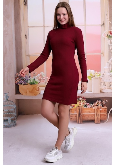 Self Clothing Kadın Bordo Balıkcı Yaka Petek Kumaş Elbise Slf1370 Bordo