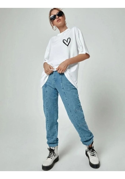 Kadın Tişört Bisiklet Yaka Baskılı Oversize T-shirt - Beyaz