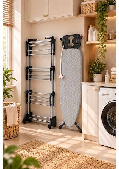 Perilla Tiga 3 Katlı Çamaşır Kurutma Askısı 20 M + Present Lux Ütü Masası 38x120 Cm İkili Set Çok Renkli