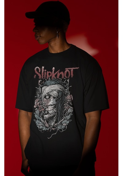 Sevbano Slipknot Rock Metal Müzik Grubu Ön Baskılı Unisex Oversize Tişört Siyah