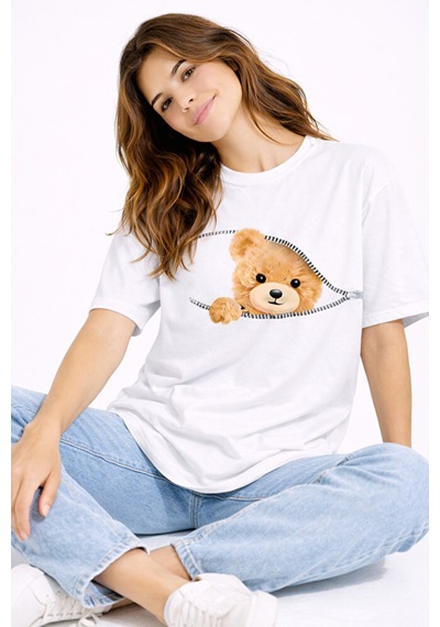 Fermuarlı Ayıcık Baskılı Kadın Tişört Oversize Sevimli Teddy Bear Beyaz