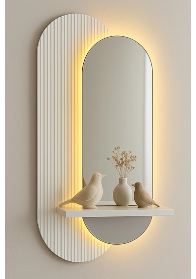 Aynalı Lüks Modern Led Duvar Dekoru Raflı Tasarım Uzaktan Kumandalı Ambiyans Işığı 110x46 Cm Beyaz