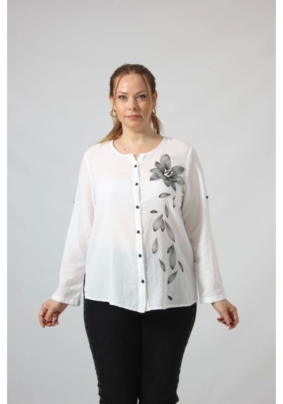 Moda Berray 3293 Beyaz Çiçek Baskılı Organik Keten Kumaş Mevsimlik Gömlek Beyaz