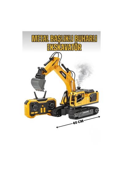 Metal Başlıklı Buharlı 1:18 Ölçekli Uzaktan Kumandalı 10 Fonksiyonlu 2.4 Ghz Oyuncak Ekskavatör Sarı