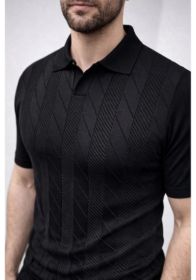 Erkek Yazlık Triko Dokuma Tişört Kısa Kol Polo Yaka T-shirt - Siyah