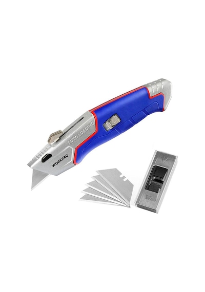 Workpro Wp213012 Ağır Hizmet Alüminyum Gövde Geri Çekilebilir Rötuş Maket Bıçağı + 4 Adet Yedek Bıçak