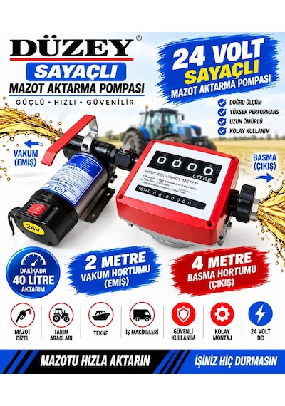 24 Volt Mazot Aktarma Pompası & Mekanik Mazot Sayaç Seti Litre Ö