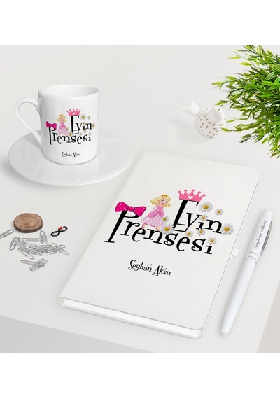 Kişiye Özel Evin Prensesi Beyaz Defter Kalem Türk Kahvesi Fincanı N11.4025