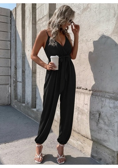 Efnaz Style Kadın Ip Askılı Kruvaze Yakalı Belden Kuşaklı Uzun Sandy Tulum Siyah