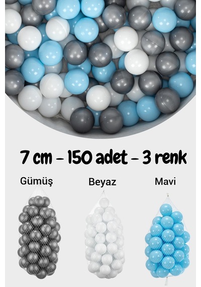 7 Cm Top Havuzu Topu 150 Adet Gümüş, Mavi. Beyaz