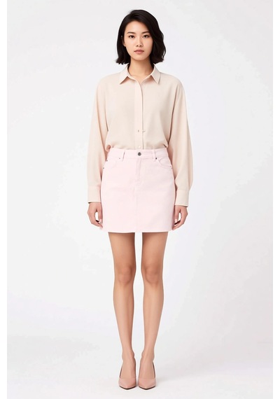 Benerly Kadın Mini Denim Etek %100 Pamuk Yüksek Bel A Kesim Cepli Casual Pembe