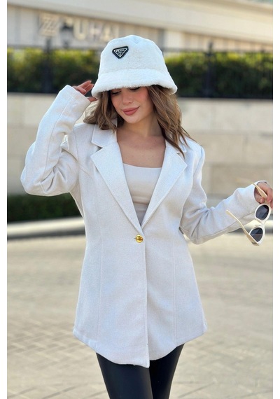 Kadın Beyaz Astarlı, Tek Düğme, Vucüda Oturan Kalıp, Fitilli Kaşe Kumaş Blazer Ceket Beyaz