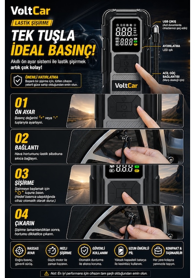 Voltcar Akü Takviye Cihazı Akıllı Araç Lastik Şişirme Kompresörü Powerbank Dijital Ekranlı Taşınabilir Hava Pompası