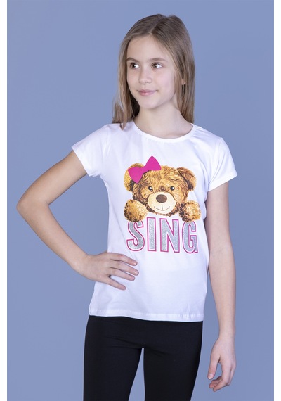 Toontoy Kids Toontoy Kız Çocuk Ayıcıklı Sıng Baskılı Tişört Beyaz